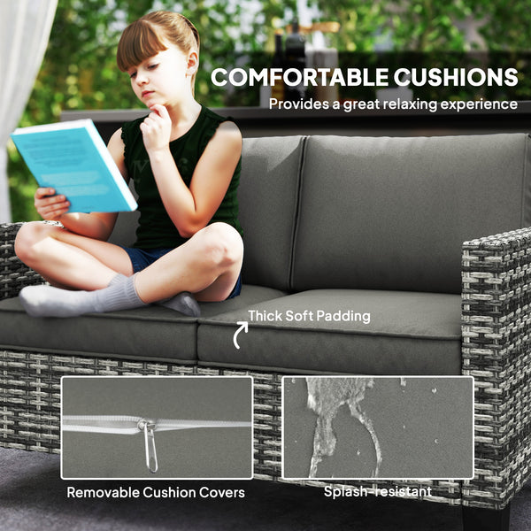 Two-seater outdoor rattan sofa with cushions and armrests, dark grey