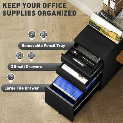 Vinsetto 3 Drawer Filing Cabinet with Lock, Steel Office Storage Cabinet with Hanging Bar for A4, Legal and Letter Files, Black