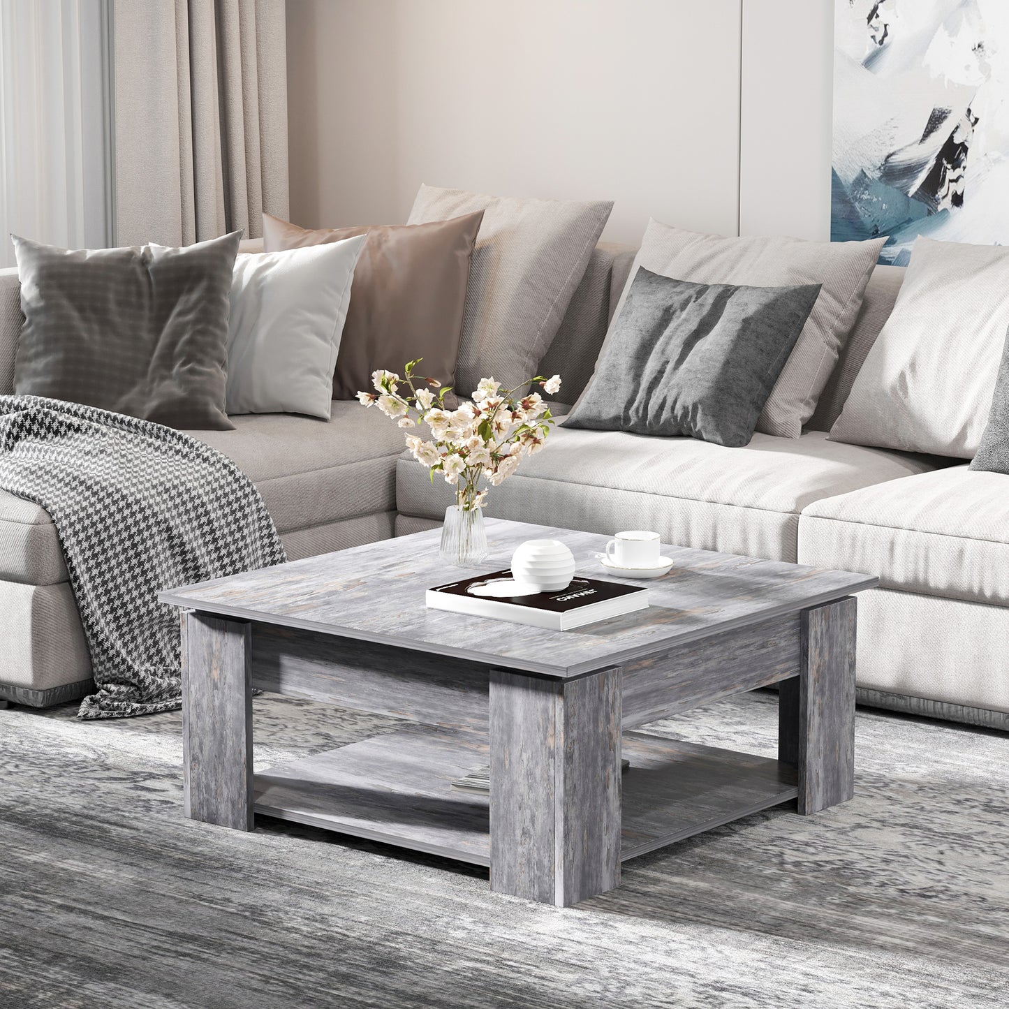 Table basse moderne avec étagère de rangement, grise