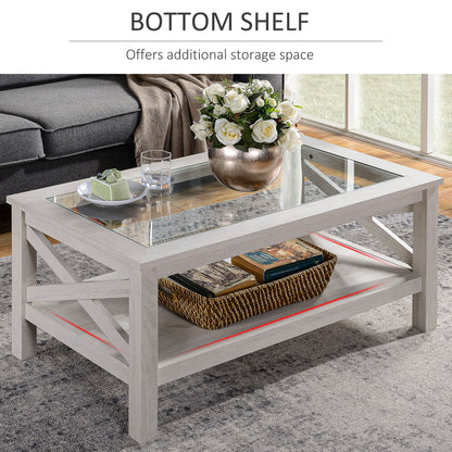 Table basse de style ferme avec plateau en verre trempé