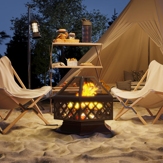 Outsunny 28" Wood Burning Outdoor Fire Pit with BBQ, Spark Screen and Poker for Patio, Backyard, Camping, Picnic, Bonfire