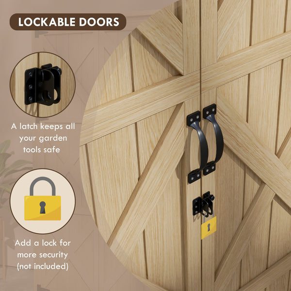 Wooden garden shed with waterproof asphalt roof and lockable doors, natural color