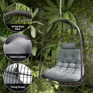 Hanging Egg Chair, Foldable Rattan Garden Swing Chair with Installation Kit, Thickened Cushion and Headrest, Dark Grey