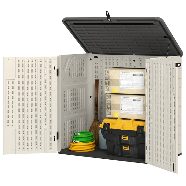 Outdoor storage cabinet with hinged lid and lockable doors