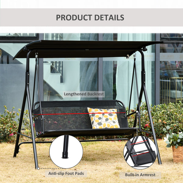 2-Person Porch Swing Chair, 2 Seater Patio Swing Bench w/ Adjustable Canopy, Breathable Seat for Garden, Poolside, Black