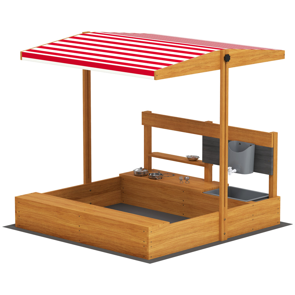 Bac à sable en bois Outsunny pour enfants de 3 à 7 ans, rouge, avec couvercle, jeu de cuisine intégré, siège et espace de rangement – aire de jeu extérieure