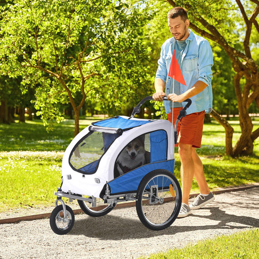 2-in-1 Dog Bike Trailer, Travel Mount with Suspension, Hitch, Storage Pockets, Blue