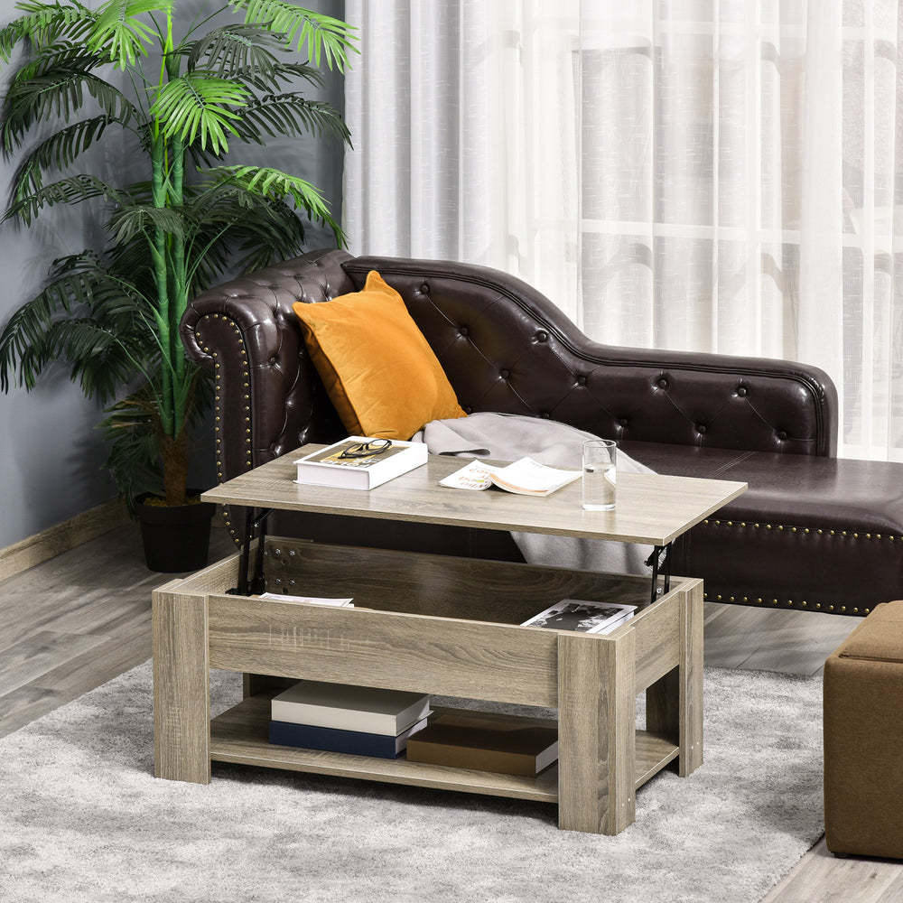 Table basse relevable avec compartiment de rangement dissimulé et étagère ouverte, gris