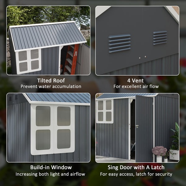 Abri de jardin en métal avec porte verrouillable, aérations, toit incliné, gris foncé