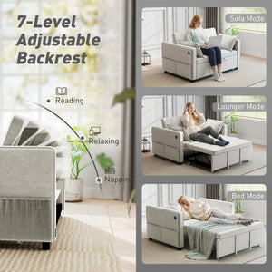 3-in-1 Convertible Sofa Bed, Pull Out Sleeper Sofa with USB Charging, Adjustable Backrest, Side Pockets, Beige
