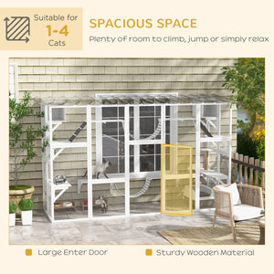 Enclos de grande taille avec niches et toit résistant aux intempéries, blanc.