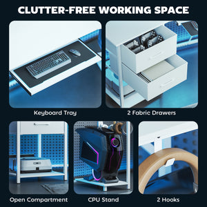 79 inch Gaming Desk with RGB Lights, Computer Table with Power Outlets & USB Ports, Keyboard Tray and 2 Drawers, White