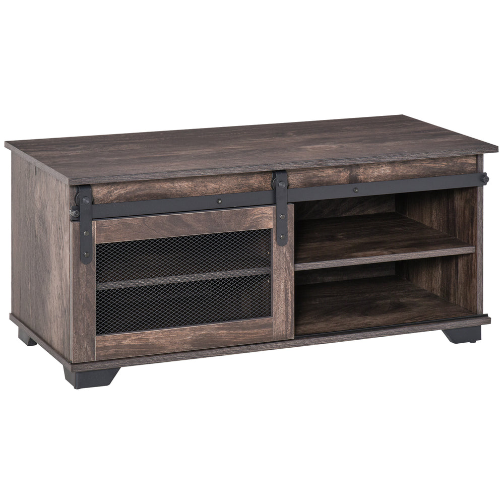 Table basse de style campagnard avec porte coulissante en maille, marron foncé