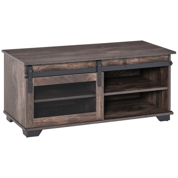 Table basse de style campagnard avec porte coulissante en maille, marron foncé