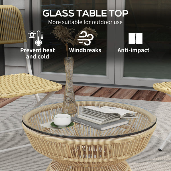 Rattan Outdoor Coffee Table, Patio End Table with Tempered Glass Tabletop & Steel Frame, Wicker Furniture, Nature Wood
