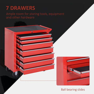 Lockable tool chest (2-piece set): 7-drawer cabinet, 4-drawer tool chest with handle, red