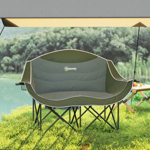 Chaise de camping portable double avec porte-gobelets et sac de transport, supporte jusqu'à 250 kg, vert foncé