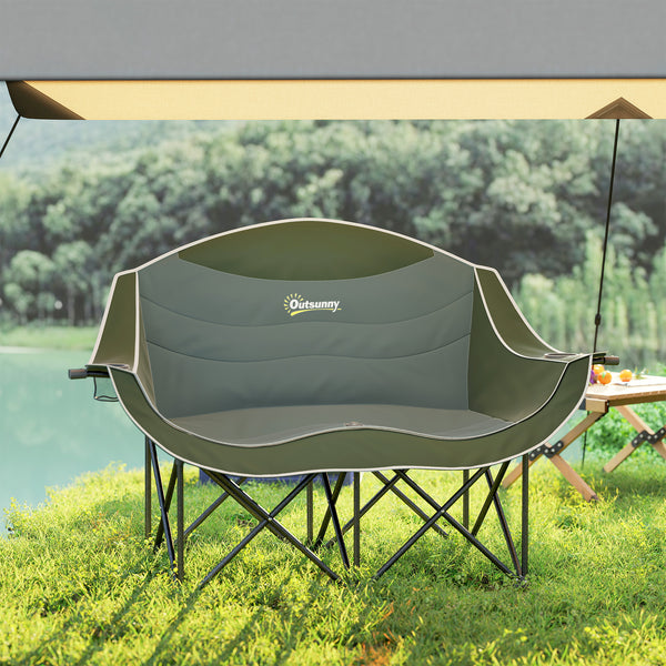 Chaise de camping portable double avec porte-gobelets et sac de transport, supporte jusqu'à 250 kg, vert foncé