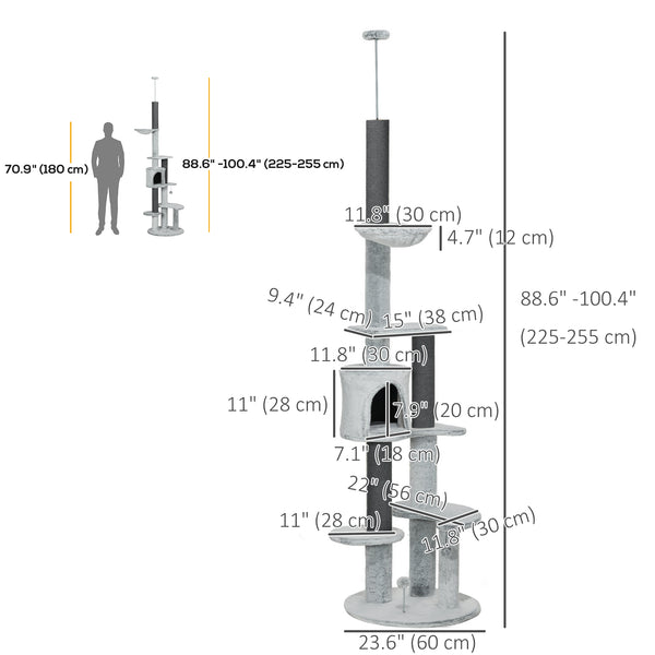 226-254cm Cat Tree with Hammock, Scratching Posts, Cabin, Perches, Play Ball, Grey