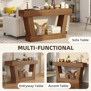 Vintage console table with open shelf for living room, dark brown