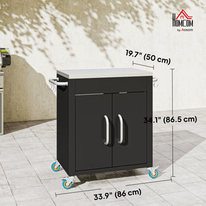 Outdoor Grill Cart with Stainless Steel Top, Pizza Oven Table with Wheels Hooks Cabinet Handles,  Black