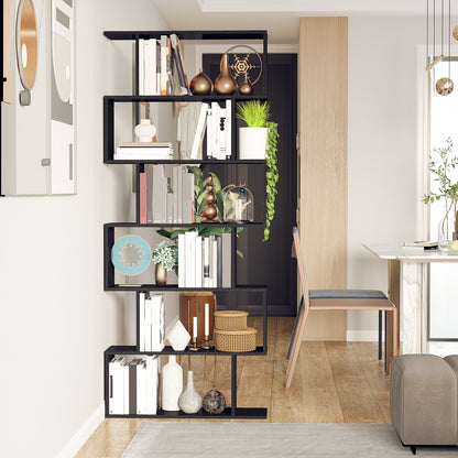 S-shaped wooden bookcase with 6 shelves