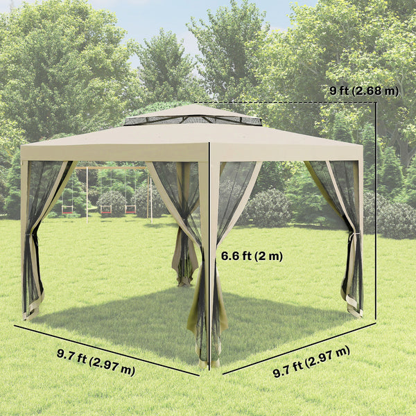 10' x 10' Canopy Tent, Party Tent with Mesh Netting and Double Tier Roof for Backyard, Garden, Patio, Outdoor, Beige