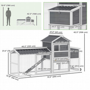 Mobile chicken coop on wheels with wooden run, nesting box, tray and access ramp