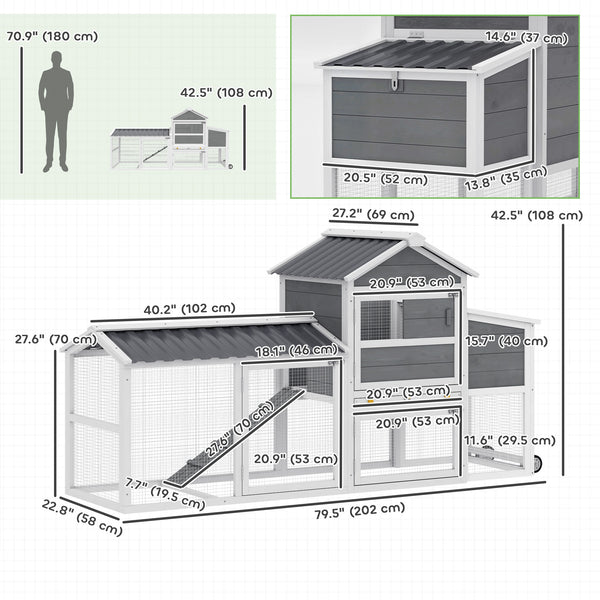 Mobile chicken coop on wheels with wooden run, nesting box, tray and access ramp