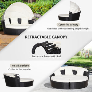 4 Pieces Outdoor Daybed with Retractable Canopy, PE Rattan Wicker Round Sofa Day Bed, Patio Sectional  Conversation Furniture Set with Cushions and Pillows, Cream White