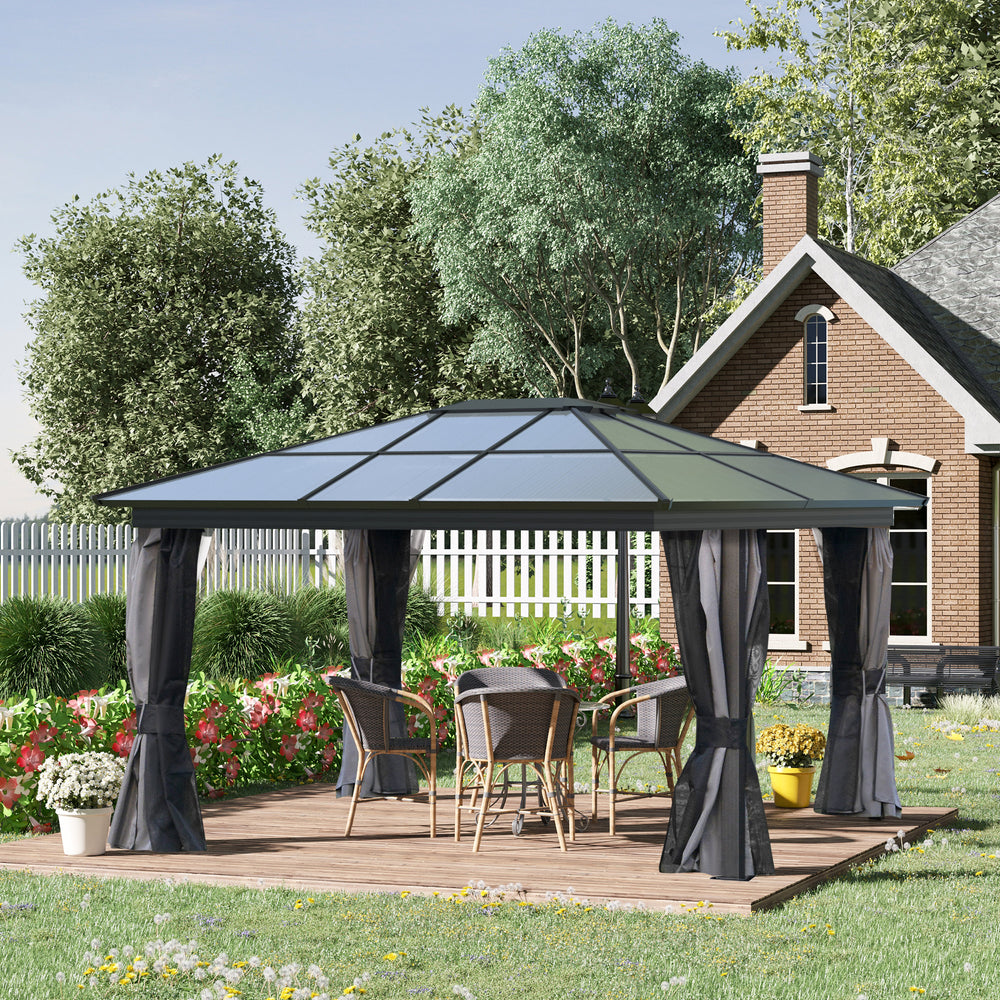 12' x 15' Hardtop Gazebo Canopy with Polycarbonate Roof, Aluminum Frame, Netting, Curtains and Ceiling Hook, Dark Grey