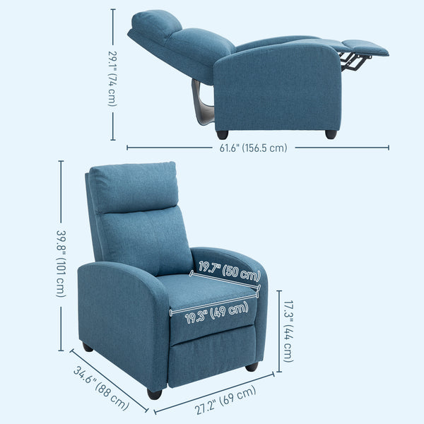 Manual reclining fabric armchair for home theater, blue