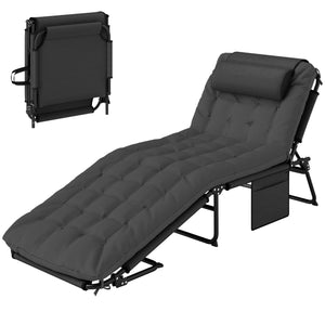 Folding Lounge Chair with 4-level Reclining Back & Cushion, Dark Grey