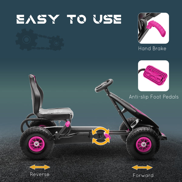 Kart à pédales avec siège réglable, roues en caoutchouc absorbant les chocs, rose