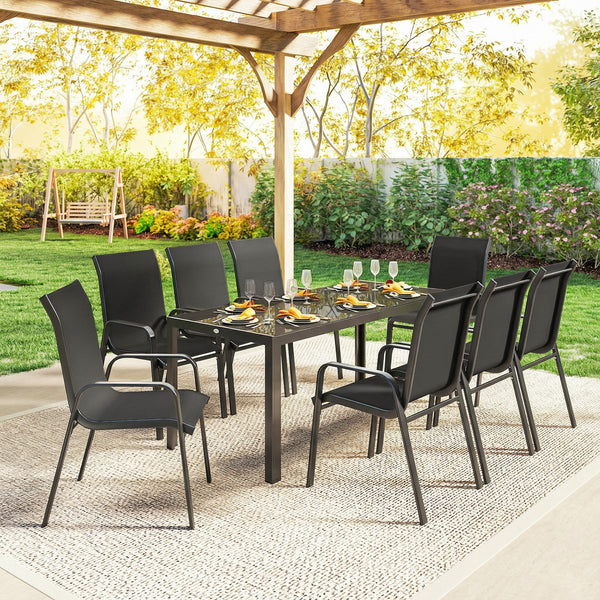 Ensemble de patio 9 pièces, chaises empilables avec plateau en verre pour jardin, terrasse, cour, noir