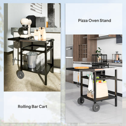Outsunny Outdoor Kitchen Prep Station with Stainless Steel Top and Foldable Side Table, Pizza Oven Table Outdoor Prep Table with Hooks Shelf, Movable BBQ Table with Cover, Black |