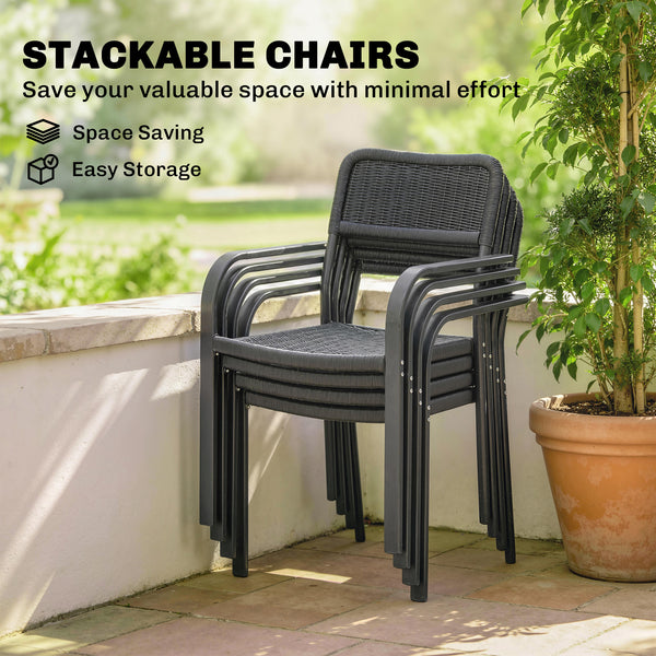 Outdoor dining set for 4 people, wood-look metal patio table and stackable chairs, black