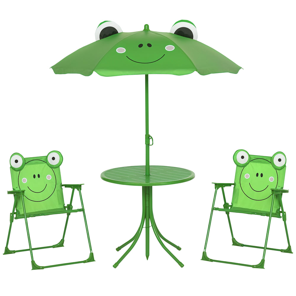 Kids Folding Picnic Table and Chair Set Pattern Outdoor Garden Patio Backyard with Removable & Height Adjustable Sun Umbrella Green