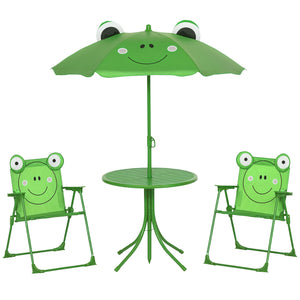 Kids Folding Picnic Table and Chair Set Pattern Outdoor Garden Patio Backyard with Removable & Height Adjustable Sun Umbrella Green