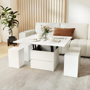 Table basse extensible 3 en 1 avec 4 tabourets - Blanc