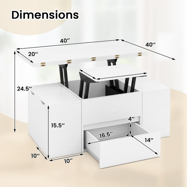 Table basse extensible 3 en 1 avec 4 tabourets - Blanc