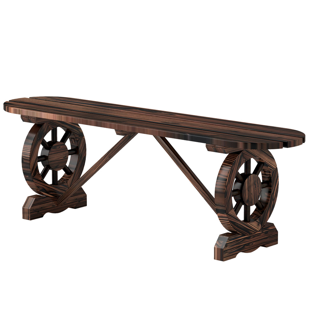Banc de jardin en bois avec pieds en forme de roue de chariot, carbonisé