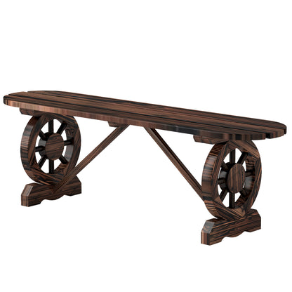Banc de jardin en bois avec pieds en forme de roue de chariot, carbonisé