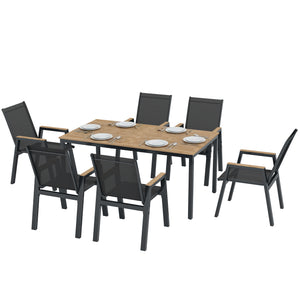 Ensemble de salle à manger d'extérieur 7 pièces, comprenant une table rectangulaire et 6 chaises en maille avec plateau à lattes