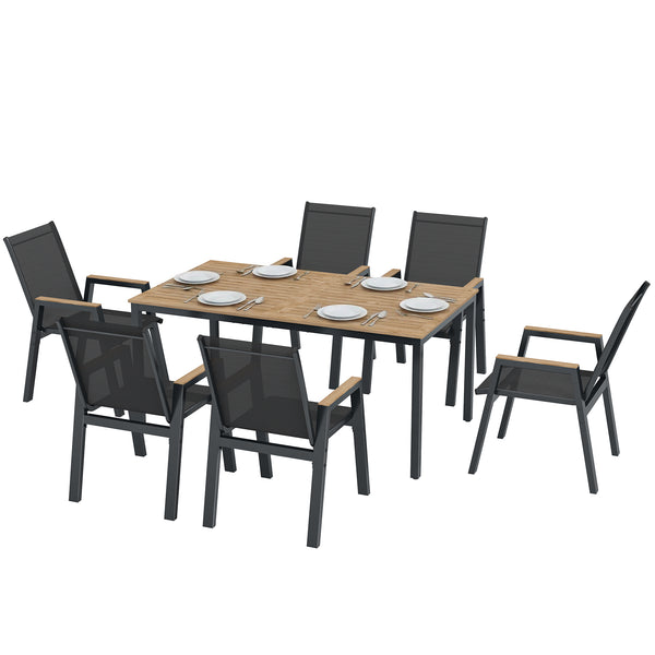 Ensemble de salle à manger d'extérieur 7 pièces, comprenant une table rectangulaire et 6 chaises en maille avec plateau à lattes