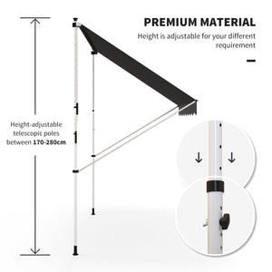 10x5ft Manual Retractable Awning, Patio Sun Shade Canopy Shelter with 5.6-9.2ft Support Pole, Water Resistant UV Protector, for Window, Door, Porch, Deck, Grey