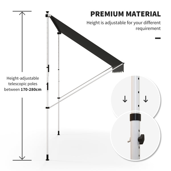 10x5ft Manual Retractable Awning, Patio Sun Shade Canopy Shelter with 5.6-9.2ft Support Pole, Water Resistant UV Protector, for Window, Door, Porch, Deck, Grey