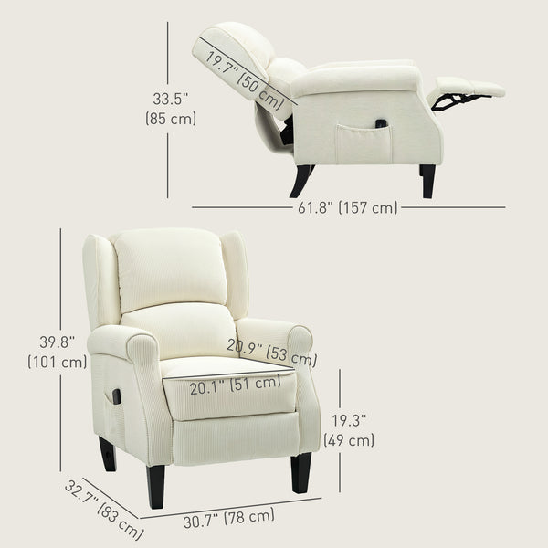 Fauteuil inclinable à dossier relevable avec massage par vibrations, repose-pieds extensible, télécommande, couleur crème