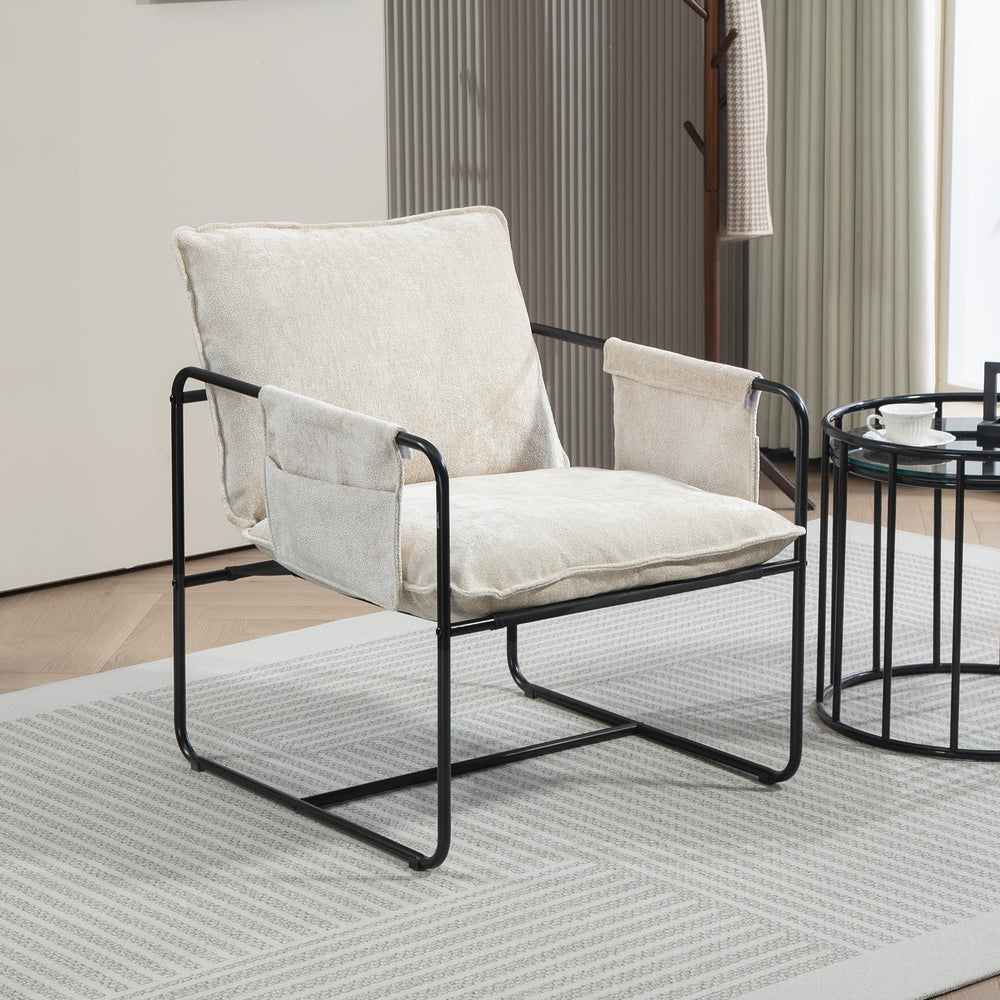Fauteuil avec poches latérales et structure en acier, beige