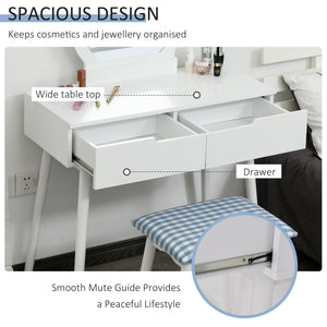 Coiffeuse avec miroir rond et 2 tiroirs, tabouret rembourré, blanc